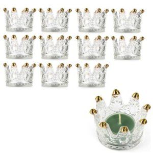 Set of 12 - Gold Tipped Crown Glass Tealight/Votive Candle Holders / Egg Stands